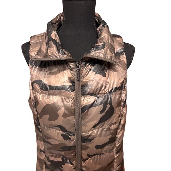 L’Atelier Camo Print Down Puffer Vest Metallic Bronze Quilted Outerwear - Picture 3 of 6